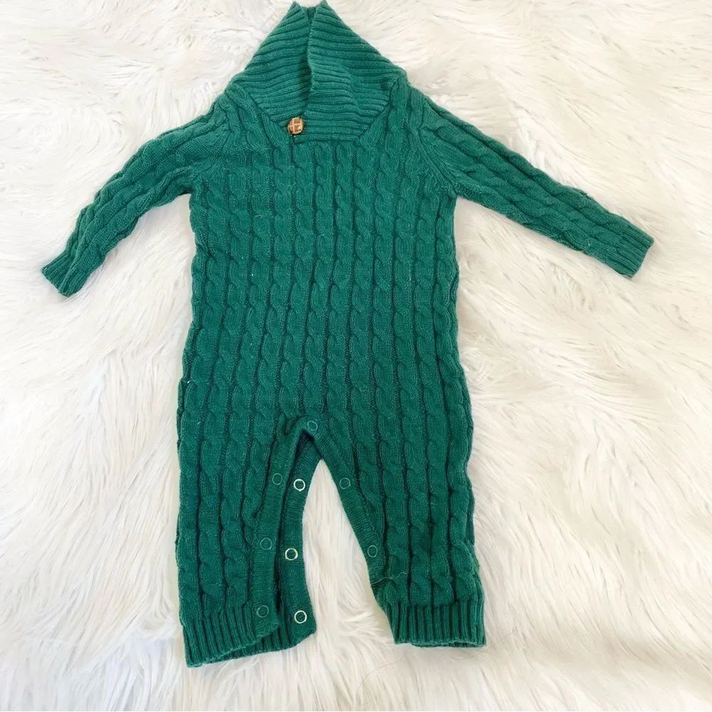 Tahari Green Cable Knit Long Sleeve One-Piece Romper Onzie 3-6M